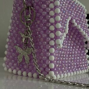 Purple & White Beaded Handbag with Butterfly Charm